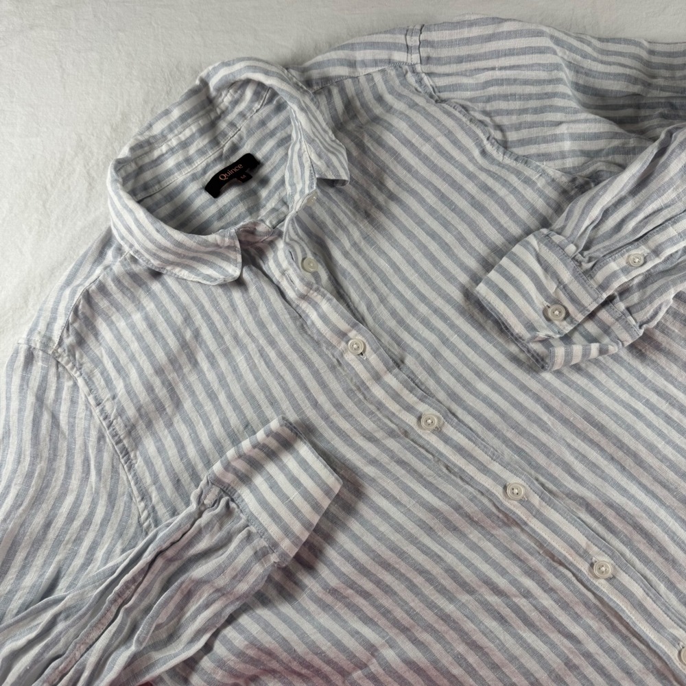 Quince Women's Size M Sky Blue Mariner Stripe 100% Linen Long Sleeve Button Down